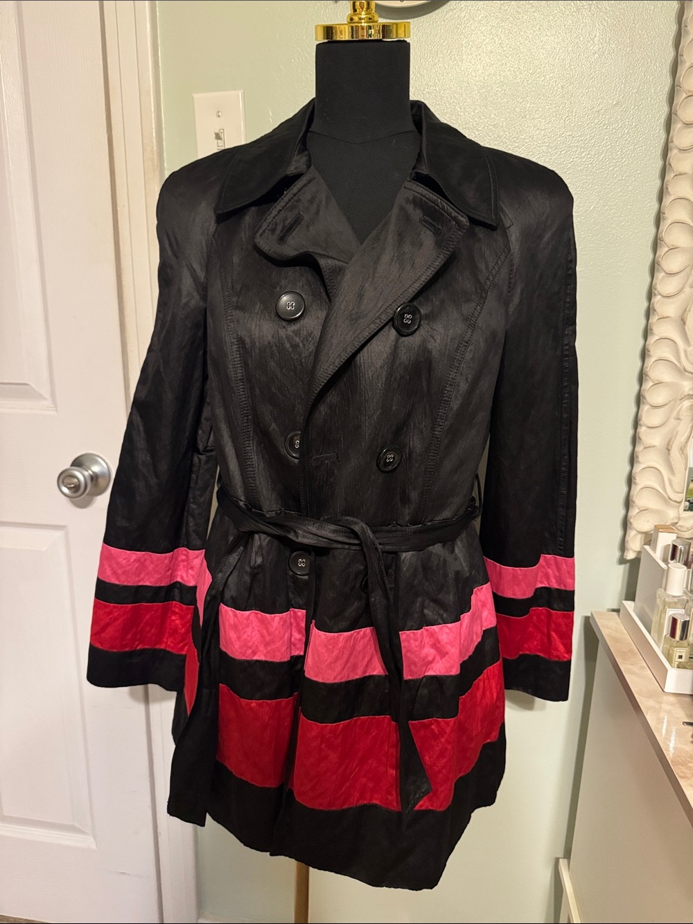 INC International Concepts Black Trench Coat with Pink Stripe Bands